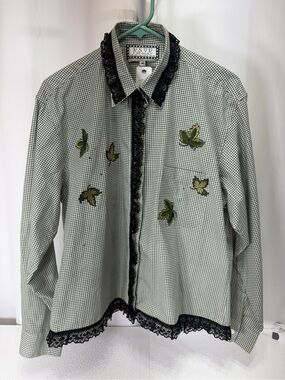 RSVP Black and Green Gingham Button-Up Shirt with Leaf Appliqués 3694